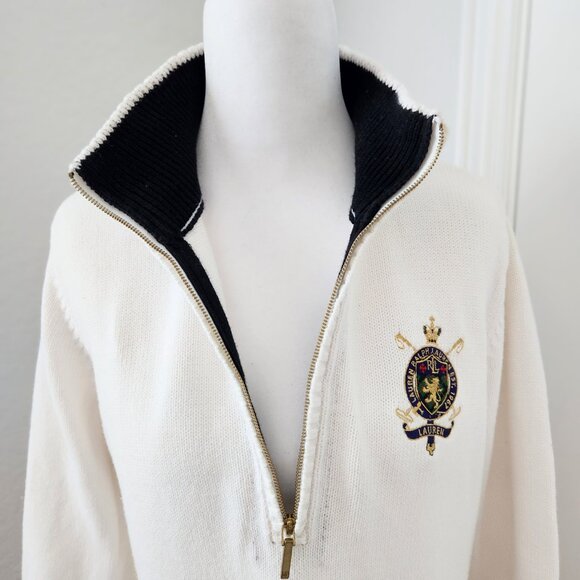 LAUREN Ralph Lauren White 1/4 Zip Long Sleeve Sweater w/ Crest in Women's Large - Picture 3 of 15